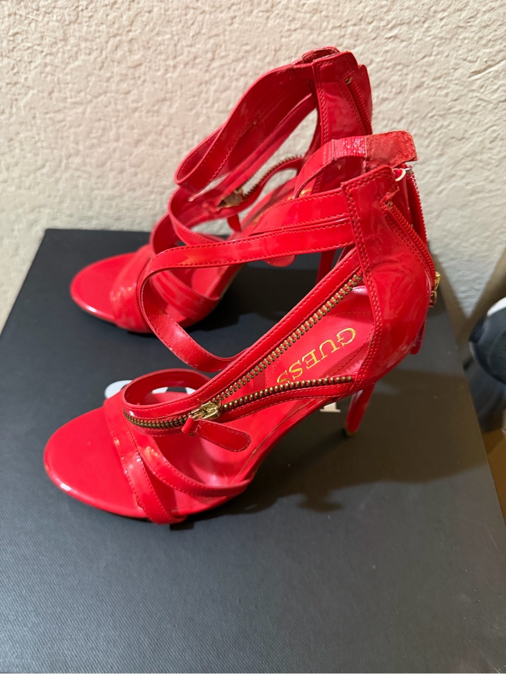GUESS Red Patent Strappy Stiletto Heels with Gold Zipper